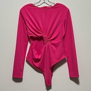 Shein Vibrant chic Hot Pink long sleeve twist front cutout snap closure bodysuit